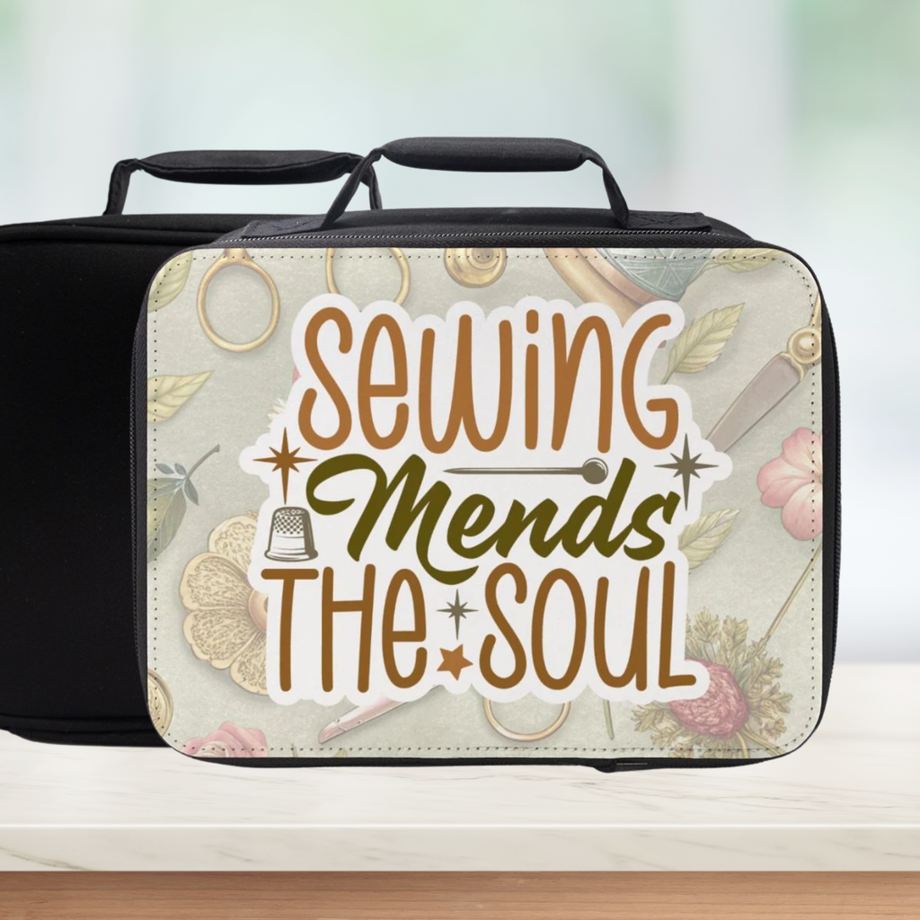 Insulated lunch bag with 'Sewing Mends The Soul' sticker style text and floral sewing themed pattern on a blurred background