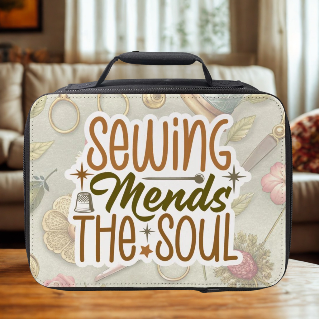 Insulated lunch bag with 'Sewing Mends The Soul' sticker style text with a floral sewing themed background on a wooden coffee table in a living room.