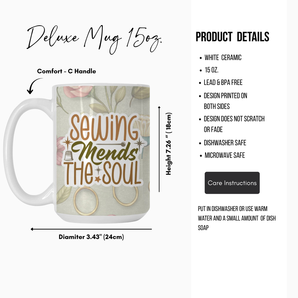 Mug with 'Sewing Mends the Soul' design and product details on a white background