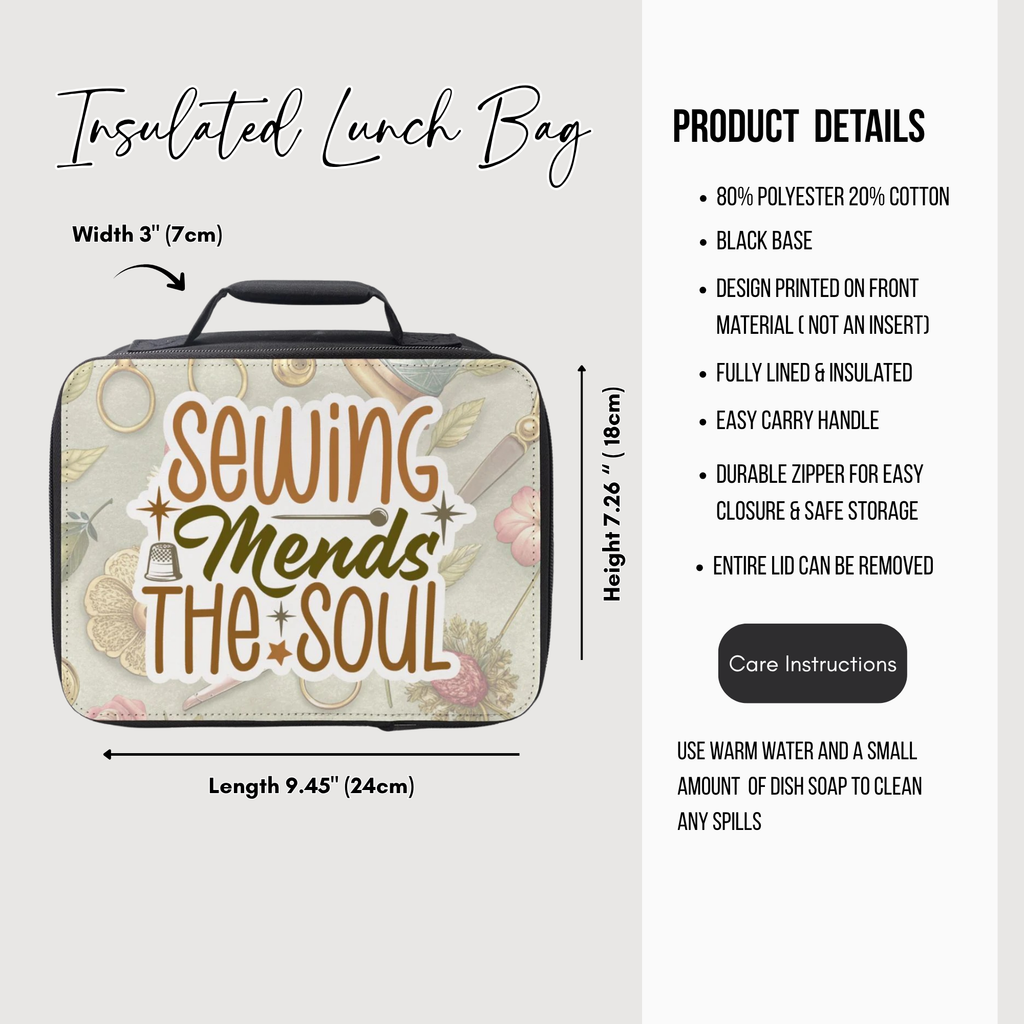 Insulated lunch bag with 'Sewing Mends The Soul' design and product details on a white background.