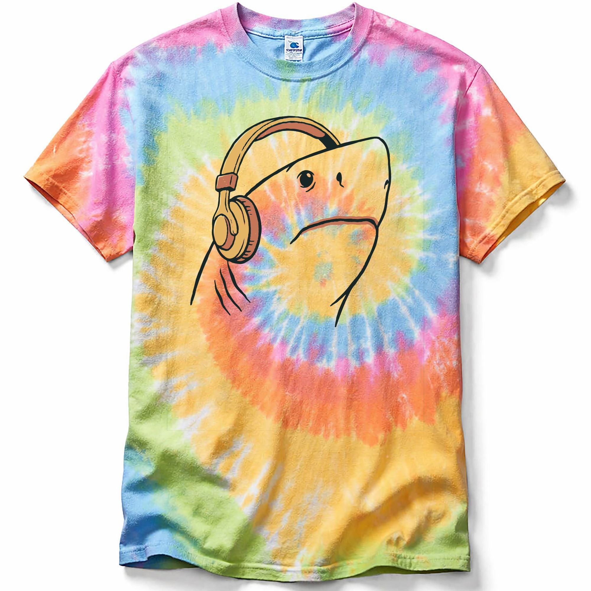 Tie-dye t-shirt with a great white shark wearing headphones design on a white background