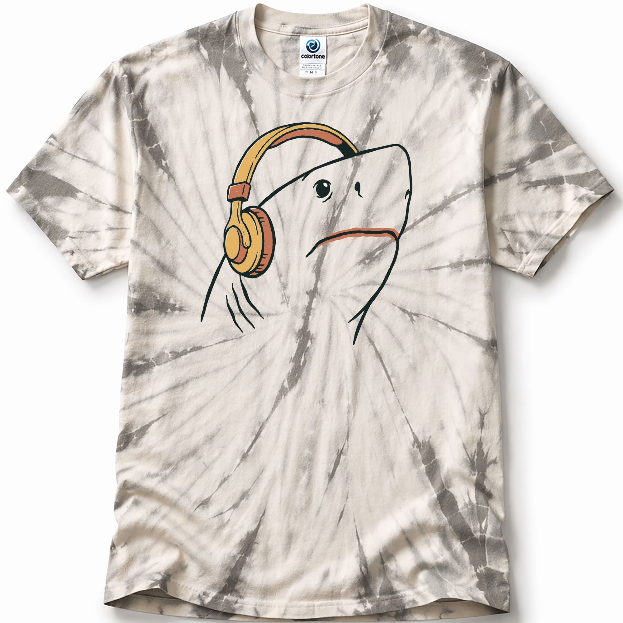 Tie-dye t-shirt in the color Spider Silver with a hand drawn shark wearing headphones design on a white background