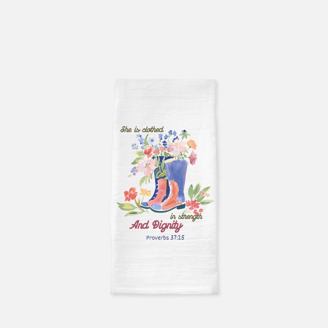 Tea towel with floral design and text on a white background
