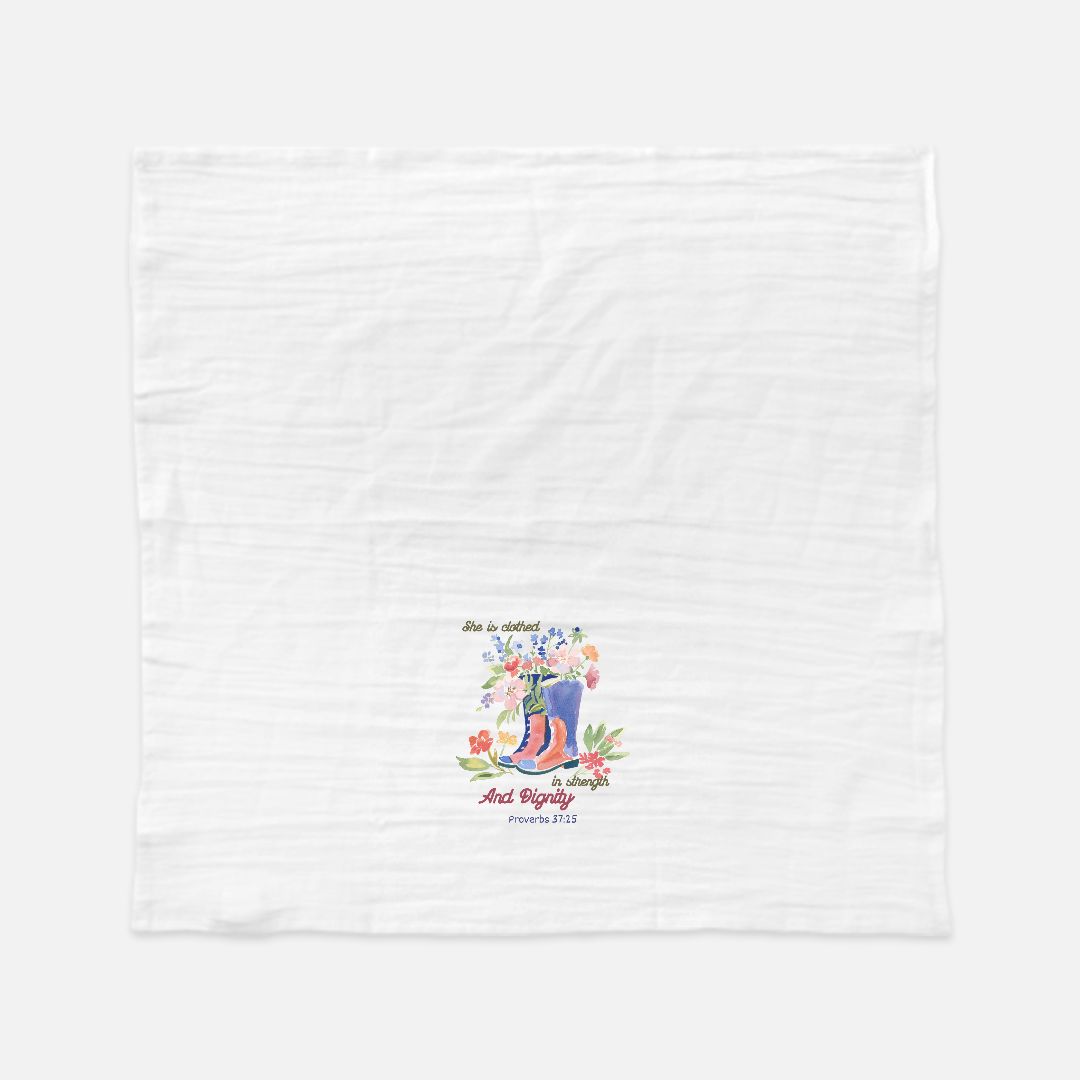 Extra large white tea towel with floral design and text on a white background