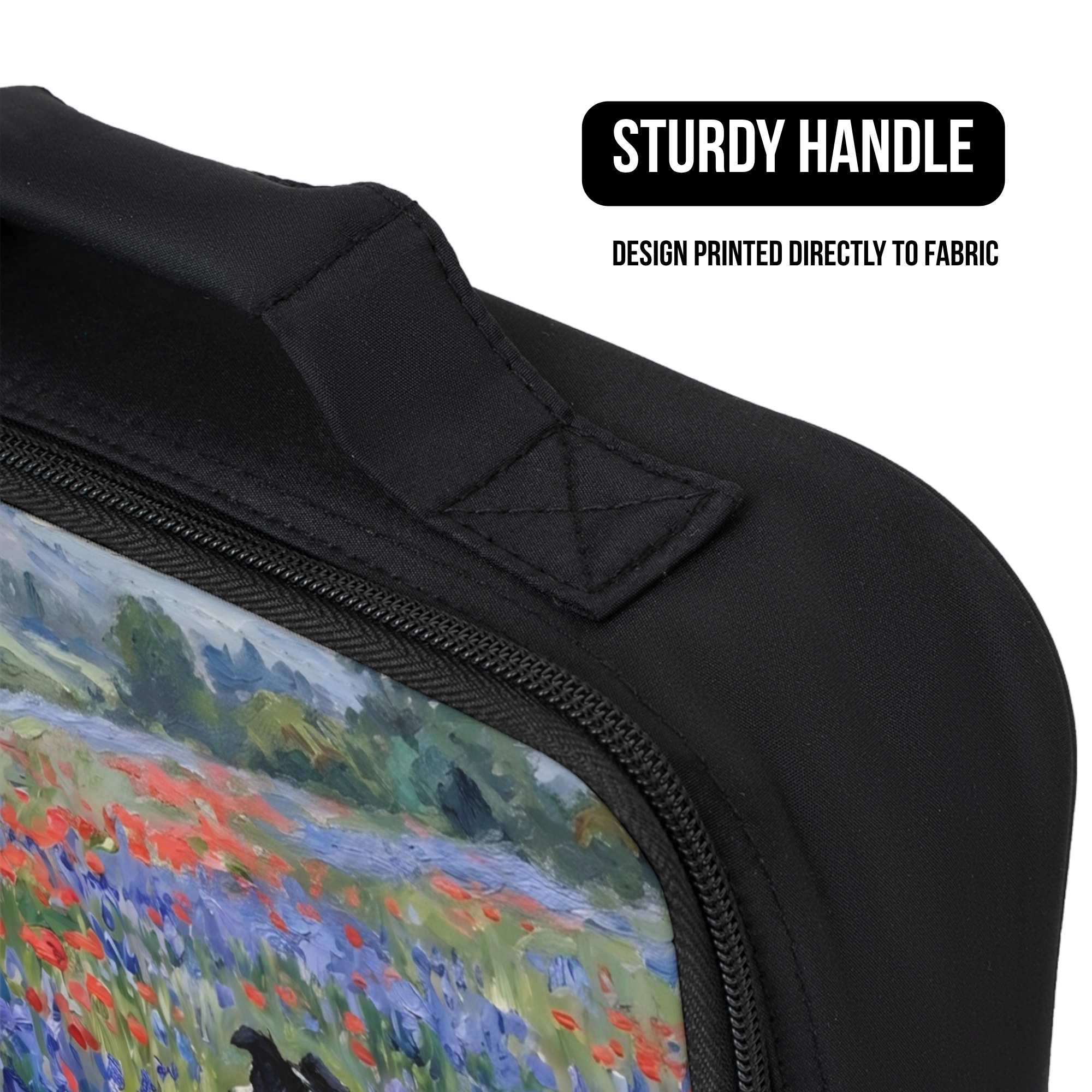 Black lunch bag with a floral design on fabric and 'Sturdy Handle' text.