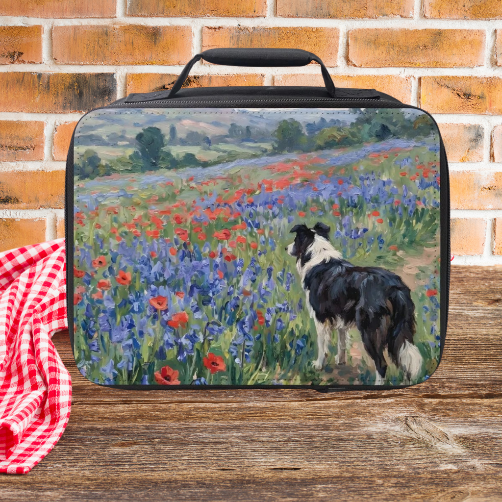 Lunch bag with a dog and floral design on a wooden surface with a brick wall background