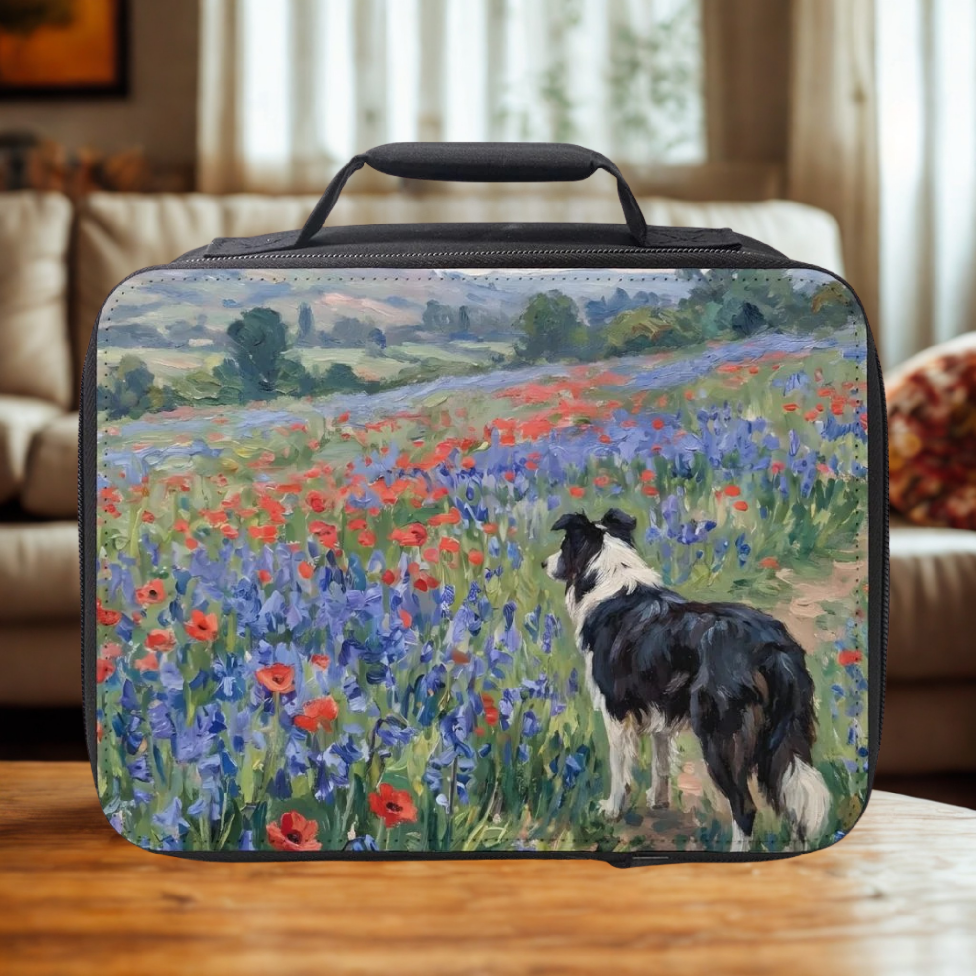 Lunch bag with a painted dog and floral design on a wooden table in a cozy living room