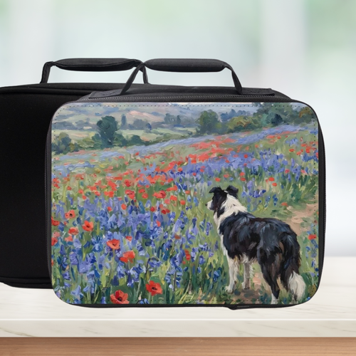 Black insulated lunch bag with a Shetland sheepdog and floral field design on a white background