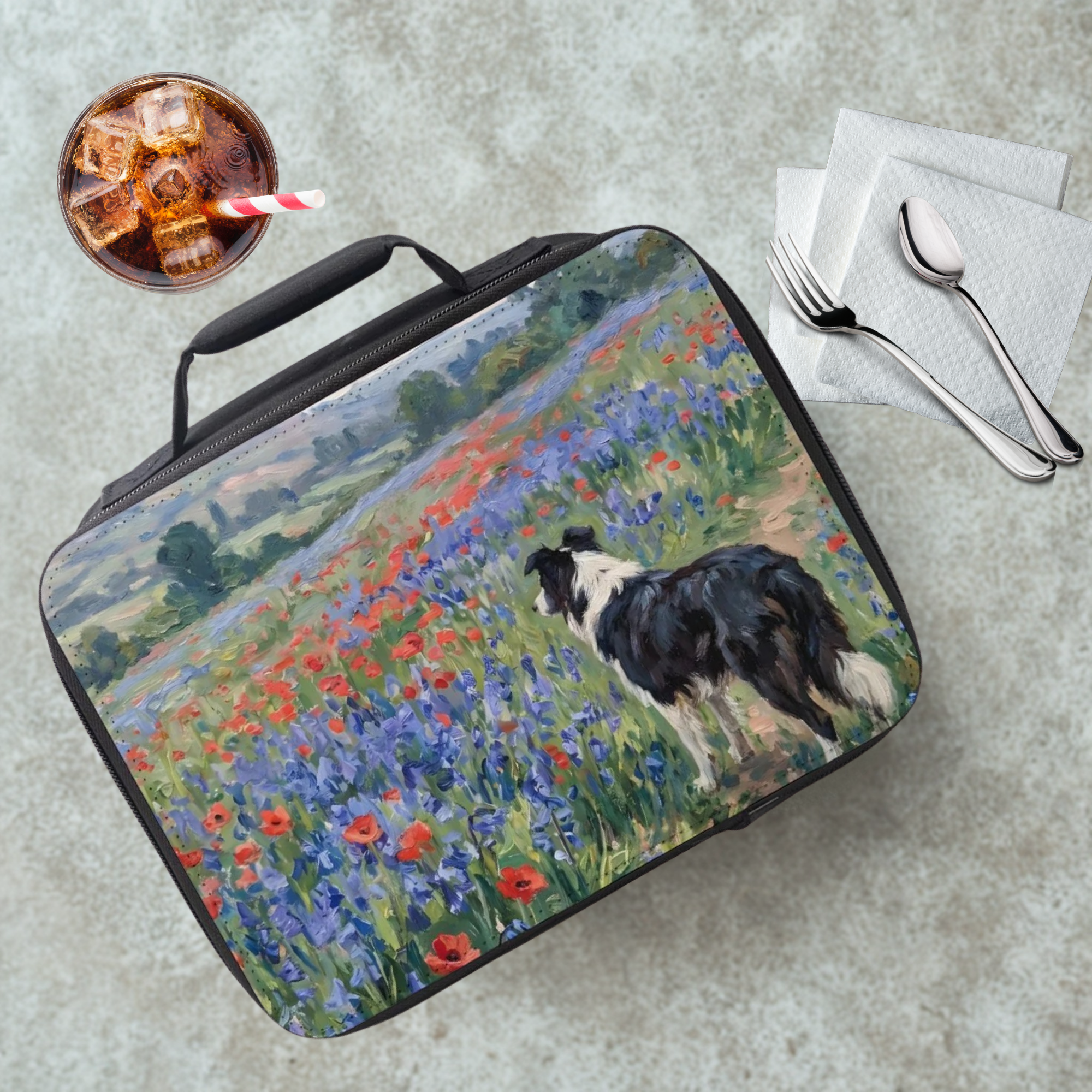 Lunch bag with a dog and flowers design on a table with a drink and utensils.