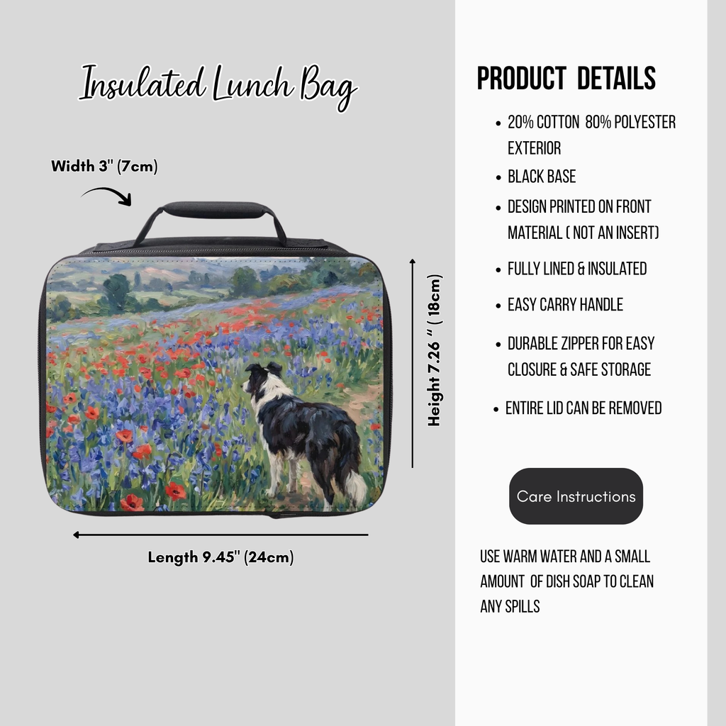 Insulated lunch bag with a Shetland sheep dog and floral design, featuring product details on a gray background.