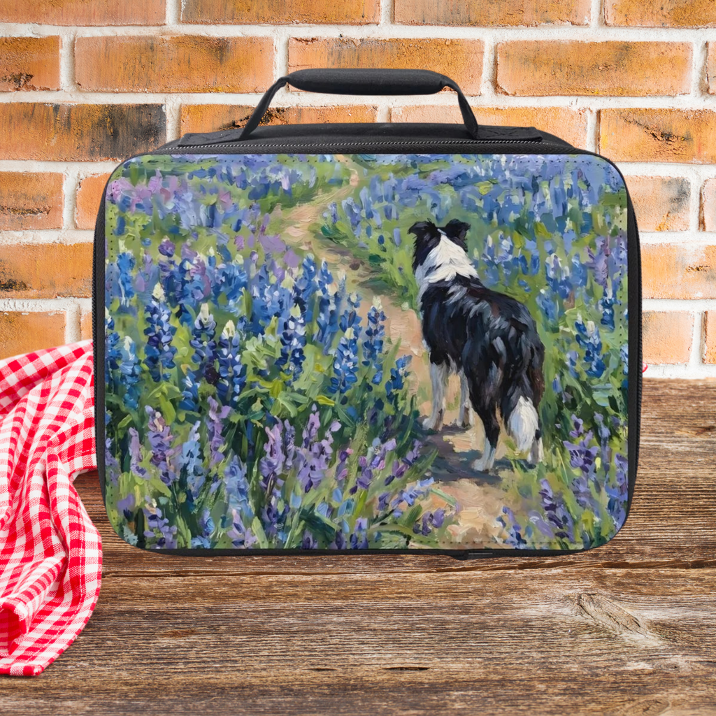 Lunch bag with a painting of a dog in a field of flowers against a brick wall.