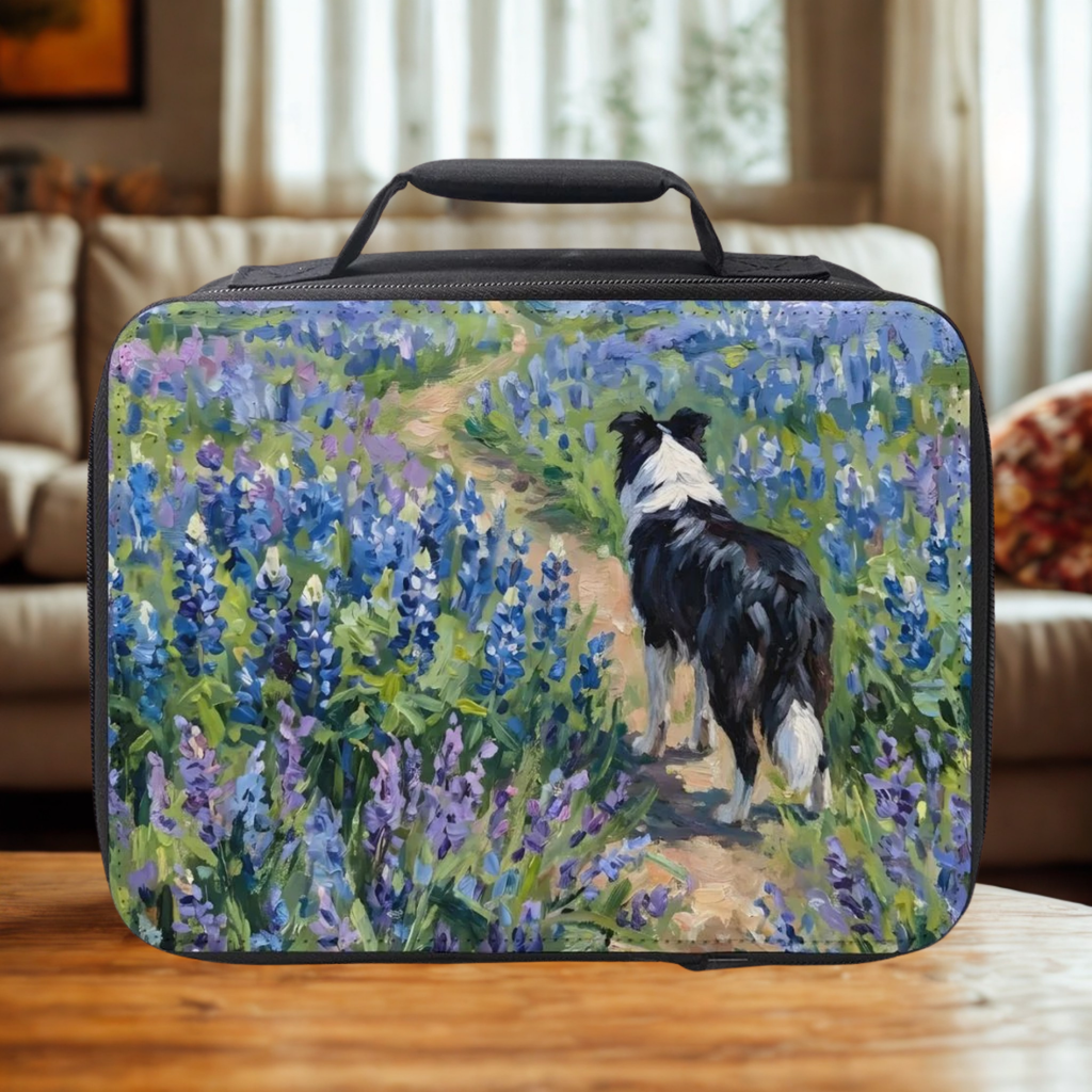 Lunch bag with a painting of a dog in a field of flowers on a wooden table.