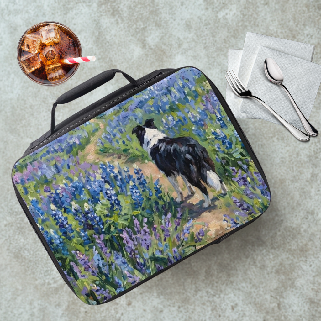 Lunch bag with a dog and flowers design on a cafeteria table with a drink and utensils.