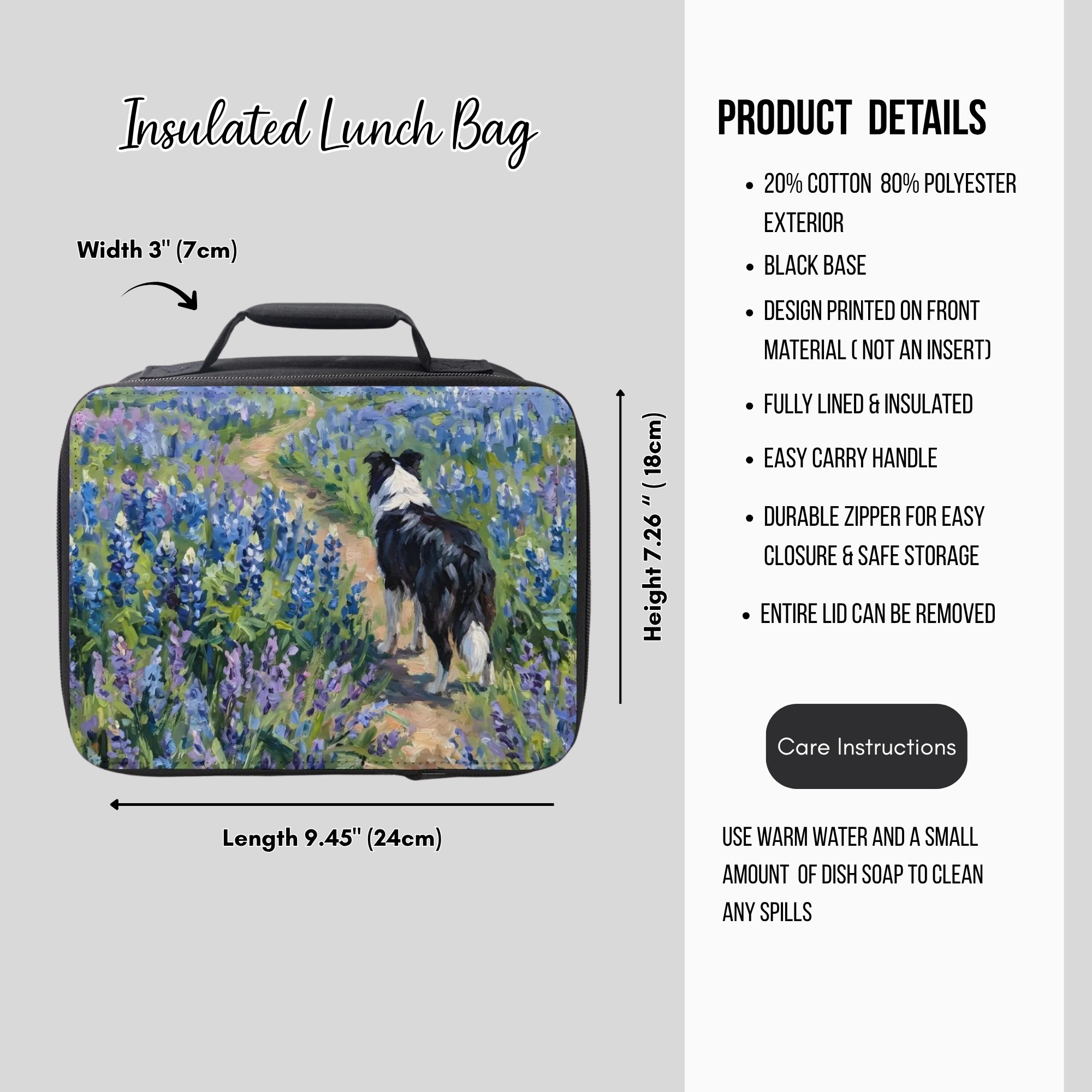 Insulated lunch bag with dog and floral design, featuring product details on a gray background.