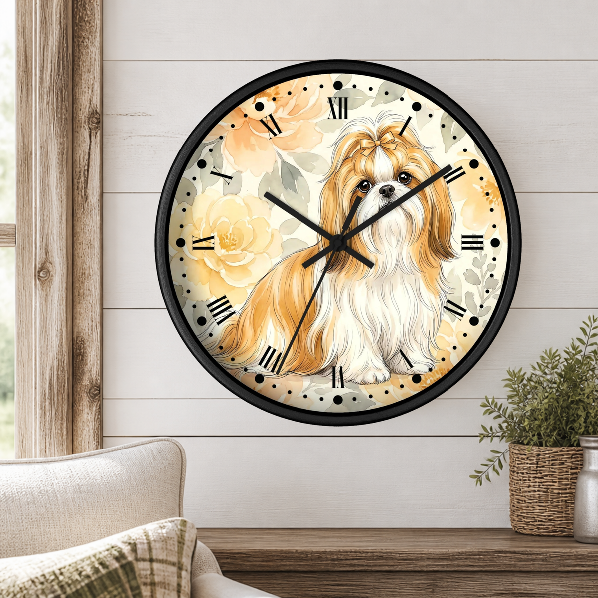 Shih Tzu Floral Wall Clock – Cute Dog Decor for Pet Lovers