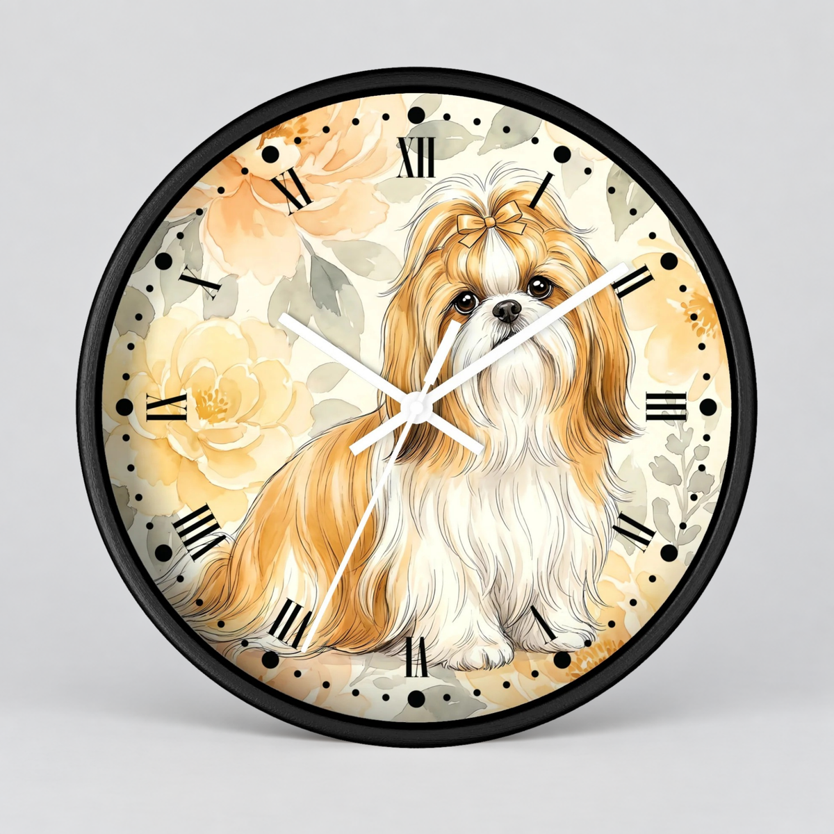Shih Tzu Floral Wall Clock – Cute Dog Decor for Pet Lovers