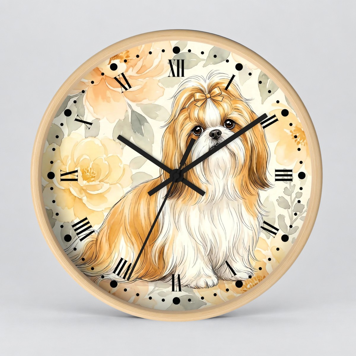 Shih Tzu Floral Wall Clock – Cute Dog Decor for Pet Lovers