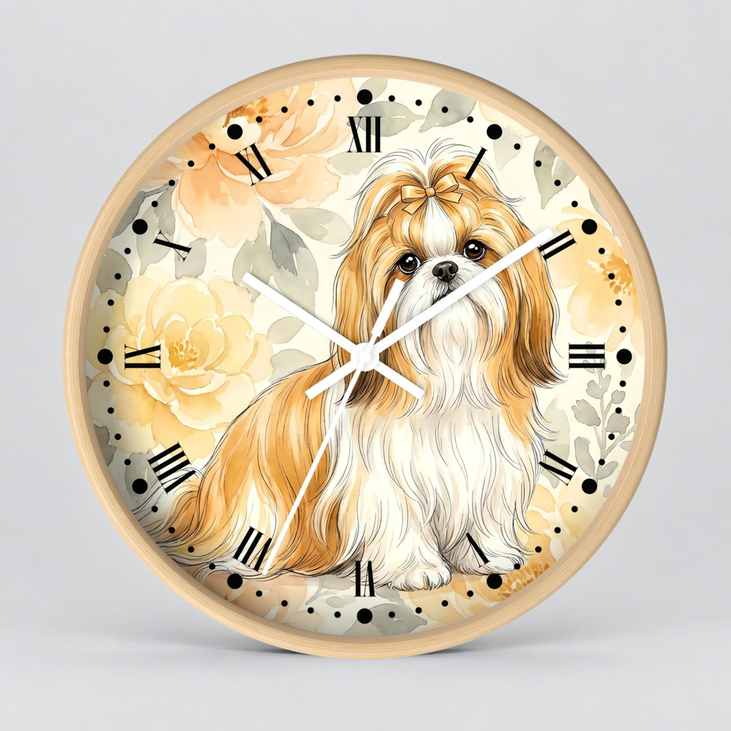 Shih Tzu Floral Wall Clock – Cute Dog Decor for Pet Lovers