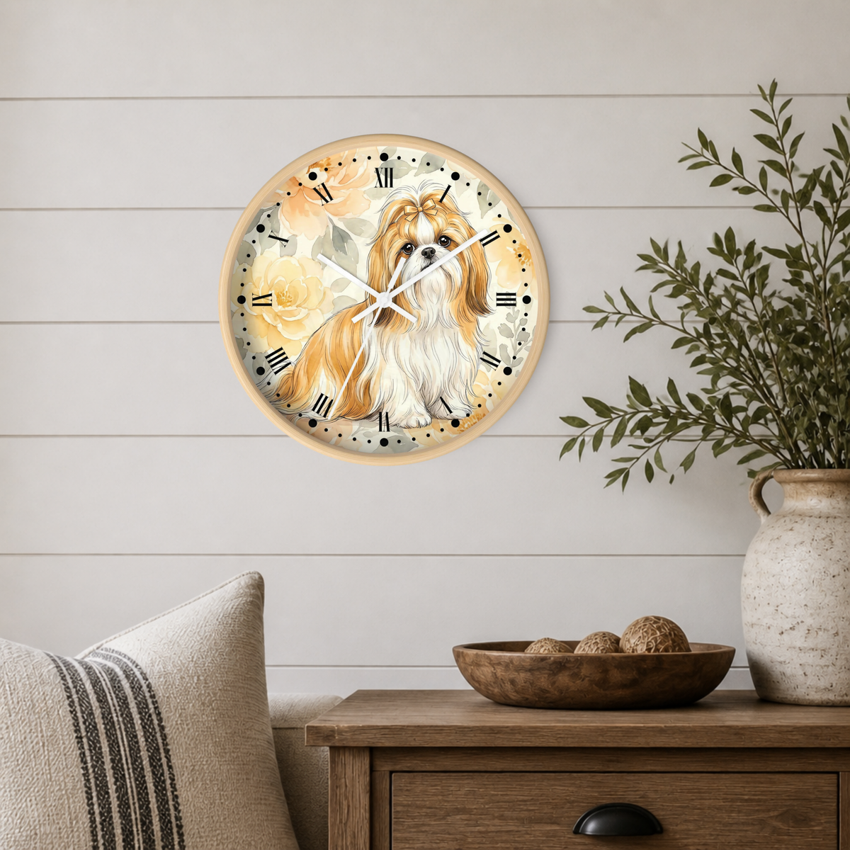 Shih Tzu Floral Wall Clock – Cute Dog Decor for Pet Lovers