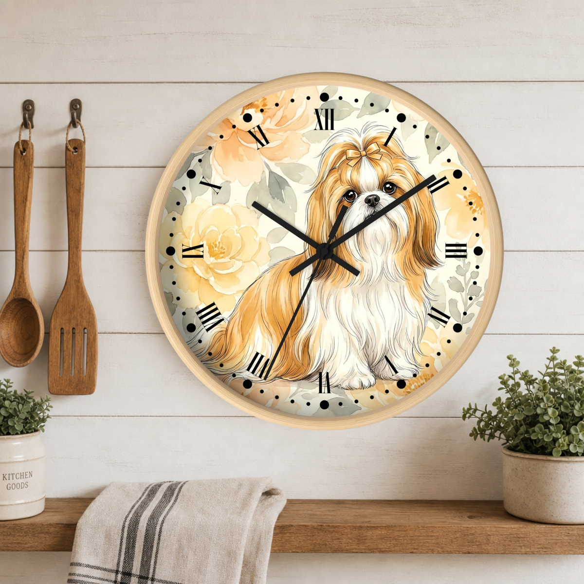 Shih Tzu Floral Wall Clock – Cute Dog Decor for Pet Lovers