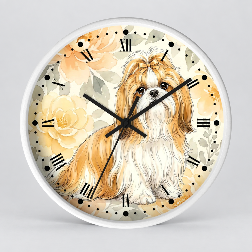 Shih Tzu Floral Wall Clock – Cute Dog Decor for Pet Lovers
