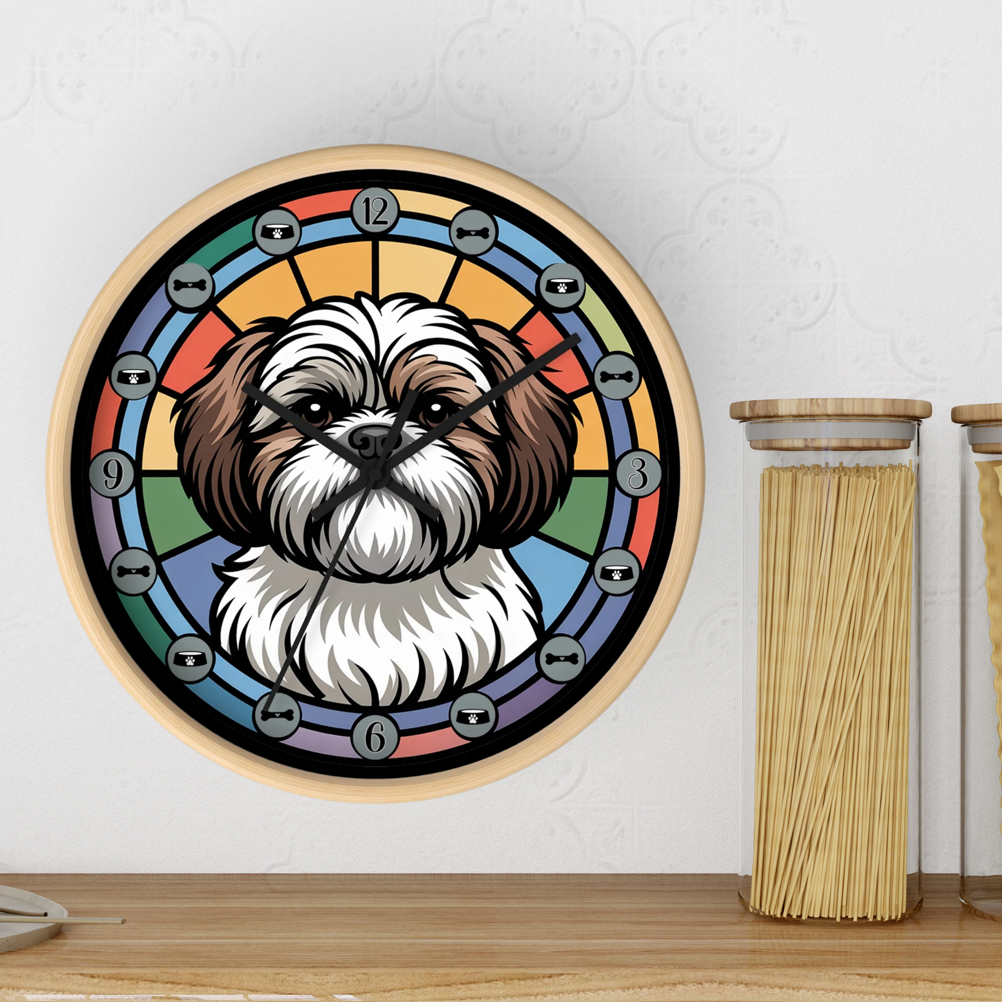 Wall clock with a Shih-Tzu dog illustration on a white wall with pasta in the background