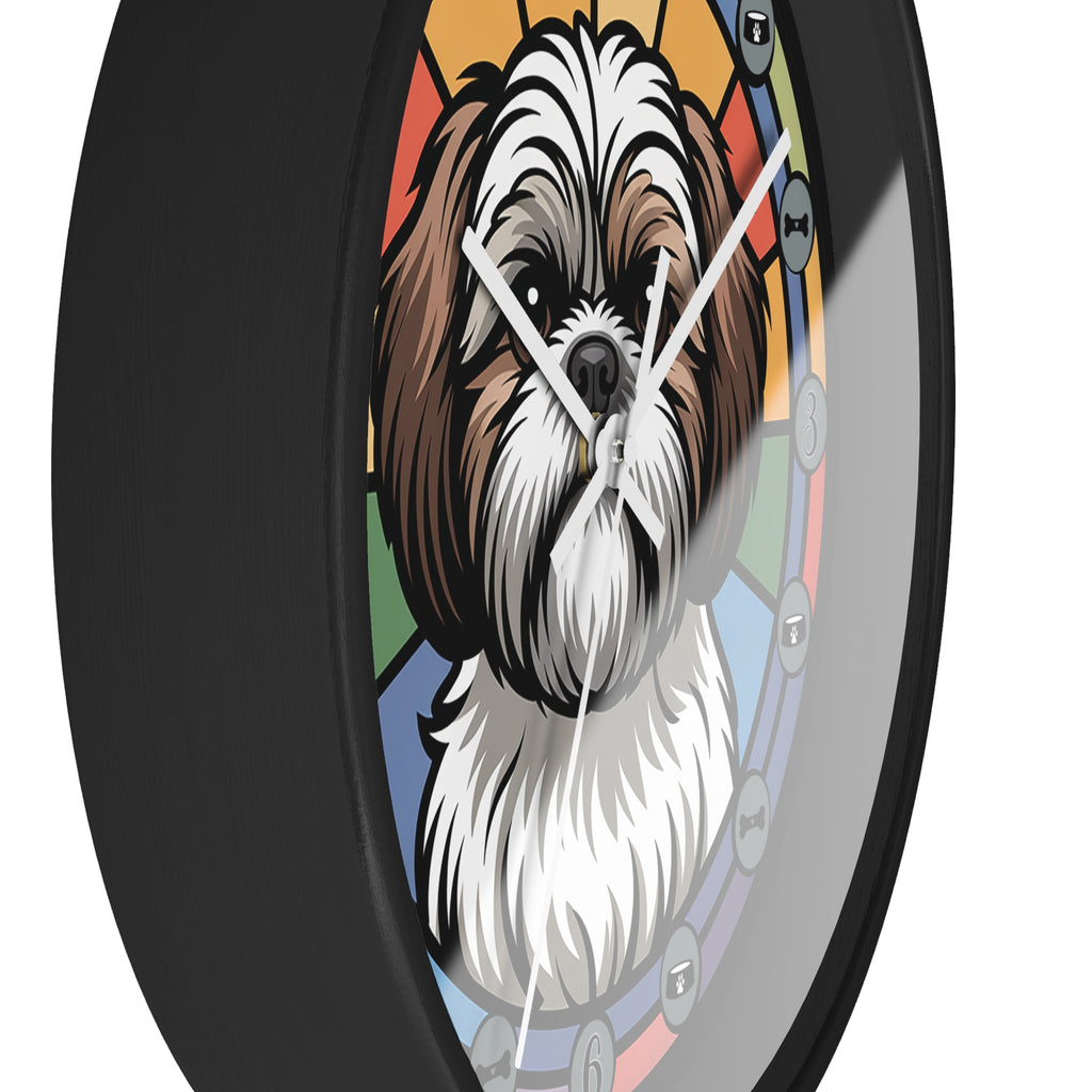 Side view of a round black wall clock with a Shih-Tzu dog illustration on a colorful background