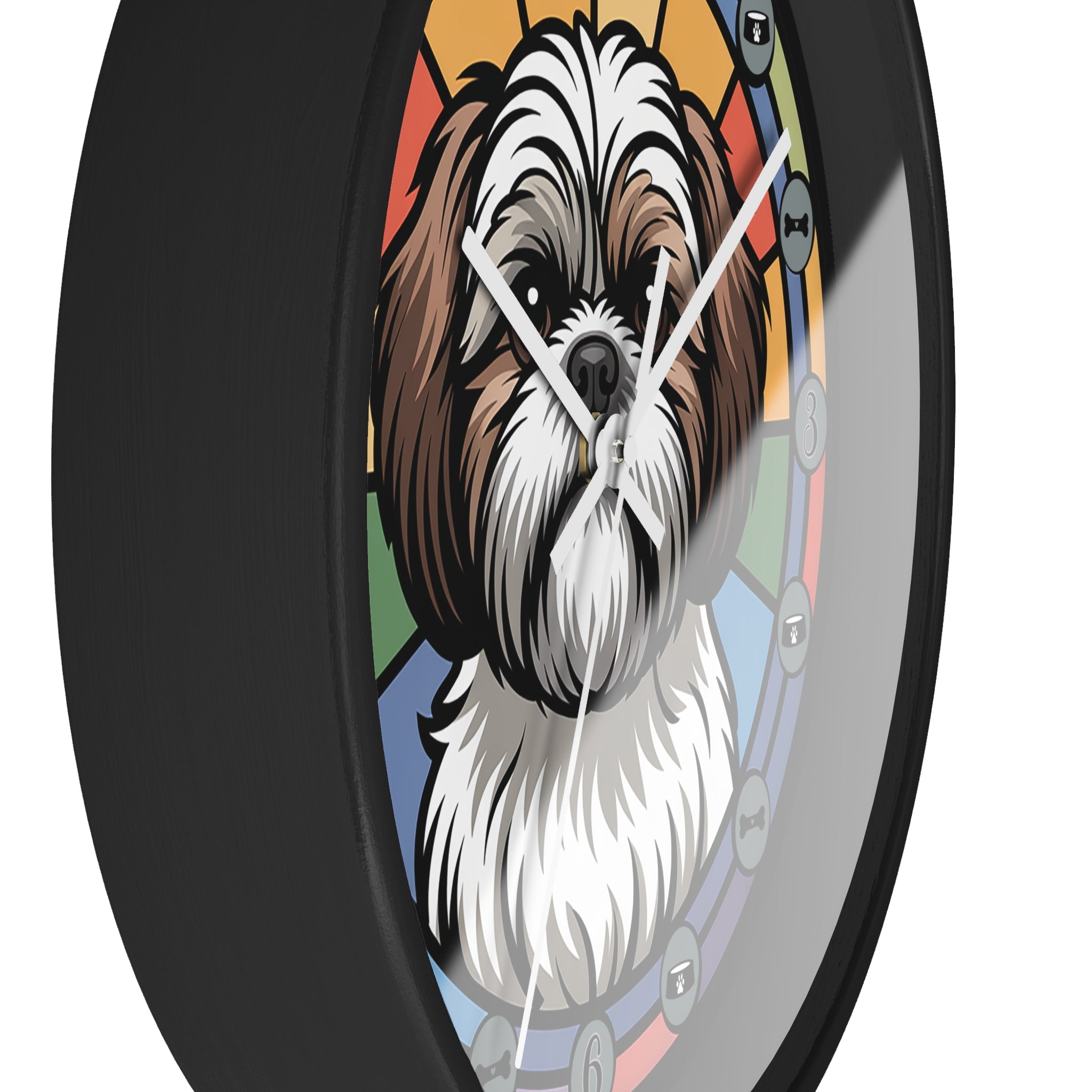 Side view of a round black wall clock with a Shih-Tzu dog illustration on a colorful background