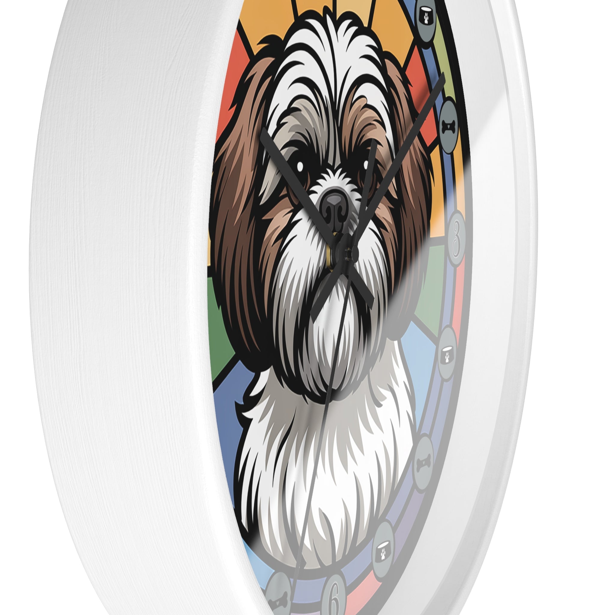 Wall clock with a Shih-Tzu dog illustration on a colorful background