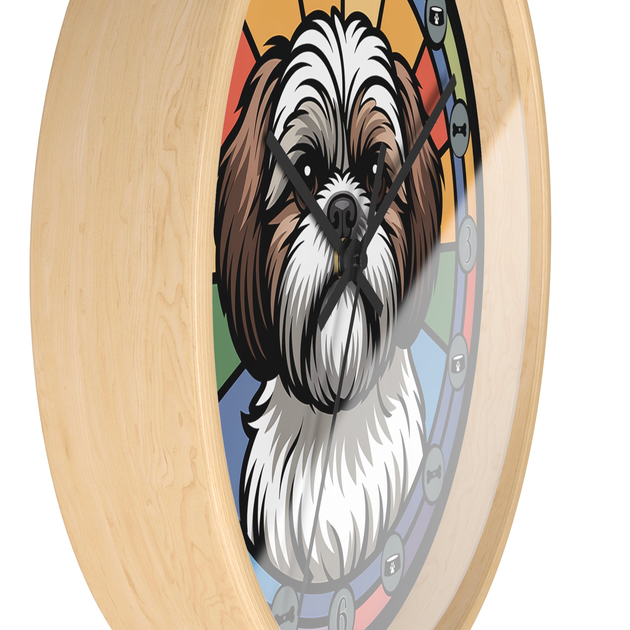 Wall clock with a dog illustration on a colorful background