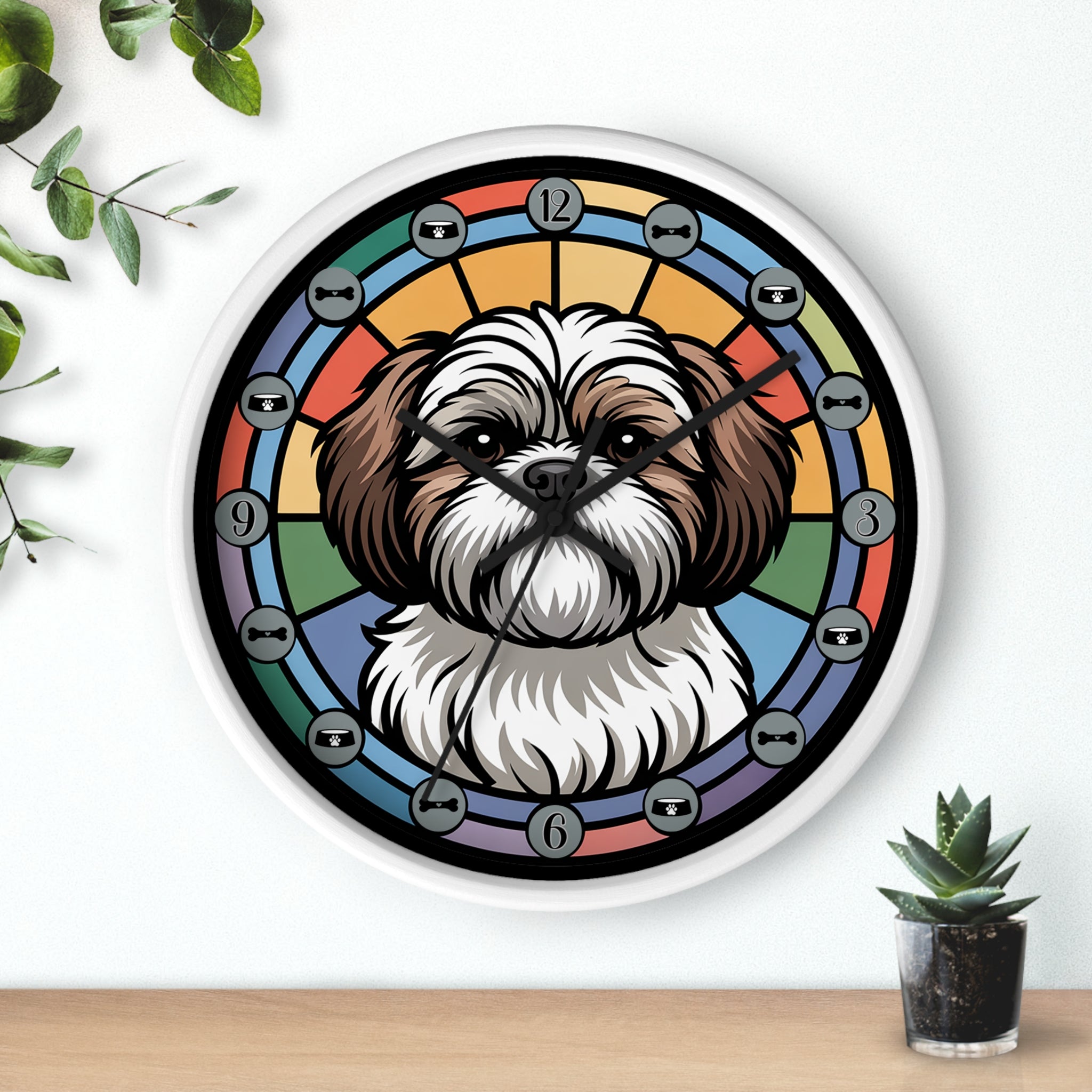 Wall clock with a dog illustration on a rainbow background, placed on a wooden surface with plants.