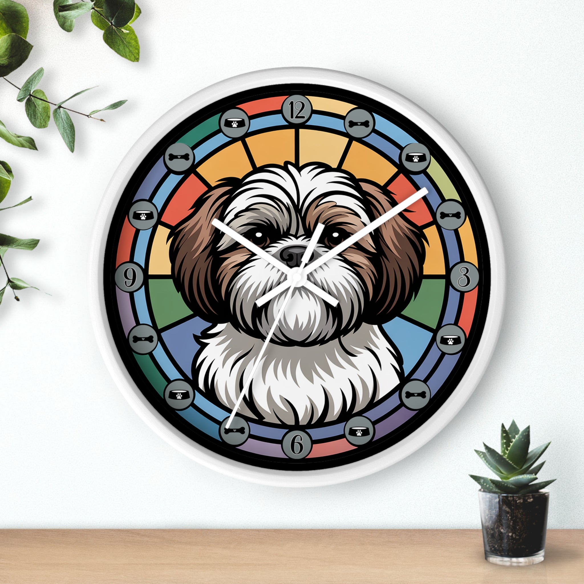 Round white wall clock with a Shih-Tzu dog illustration on a rainbow background, placed on a wooden surface with plants.