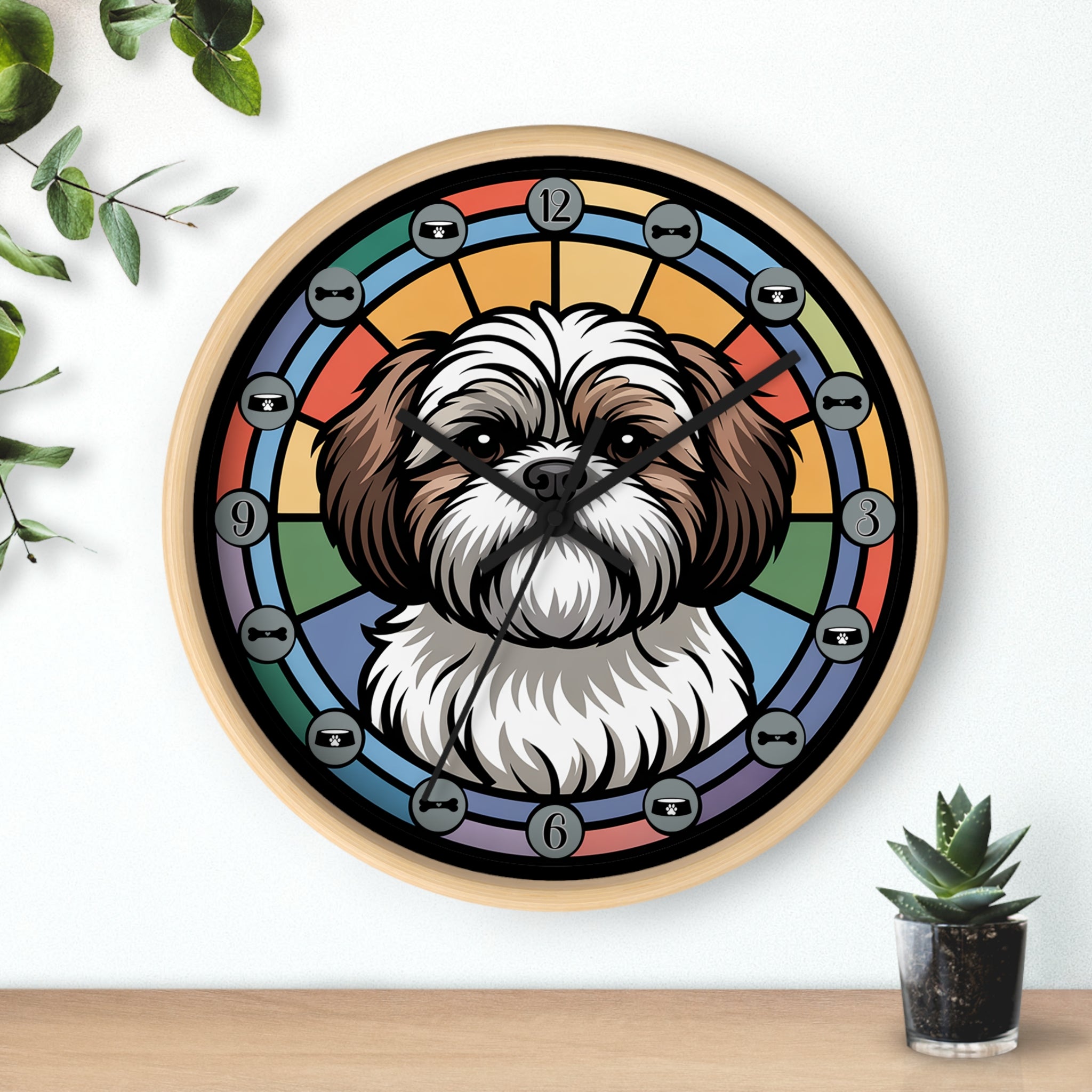 Wall clock with a dog illustration in a colorful circular design on a white wall.