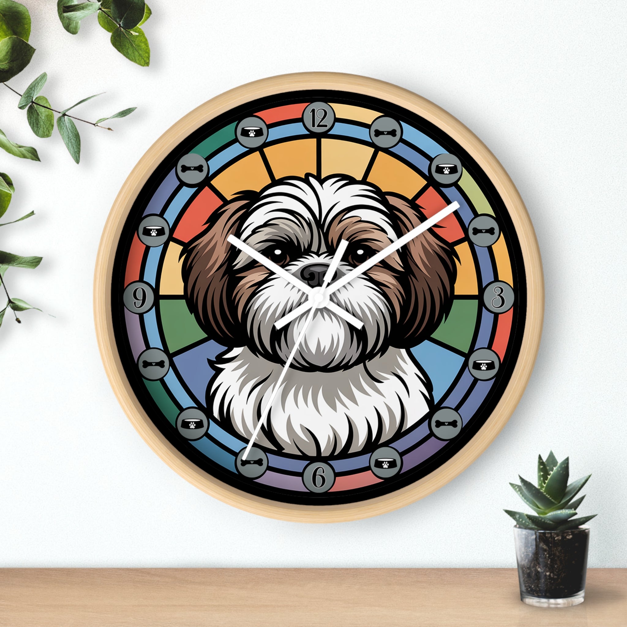 Wall clock with a dog illustration on a rainbow background, placed on a wooden surface with a plant in the background.
