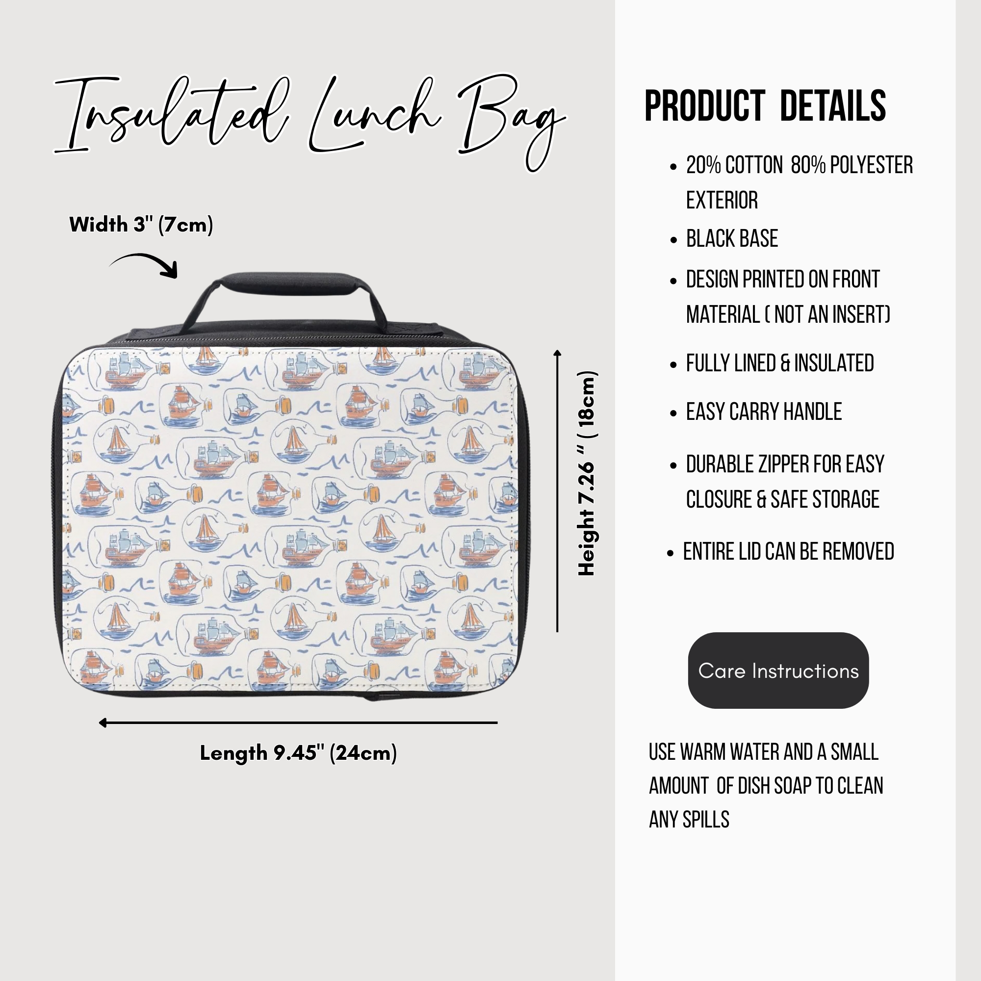 Insulated lunch bag with sailboat pattern and product details on a white background