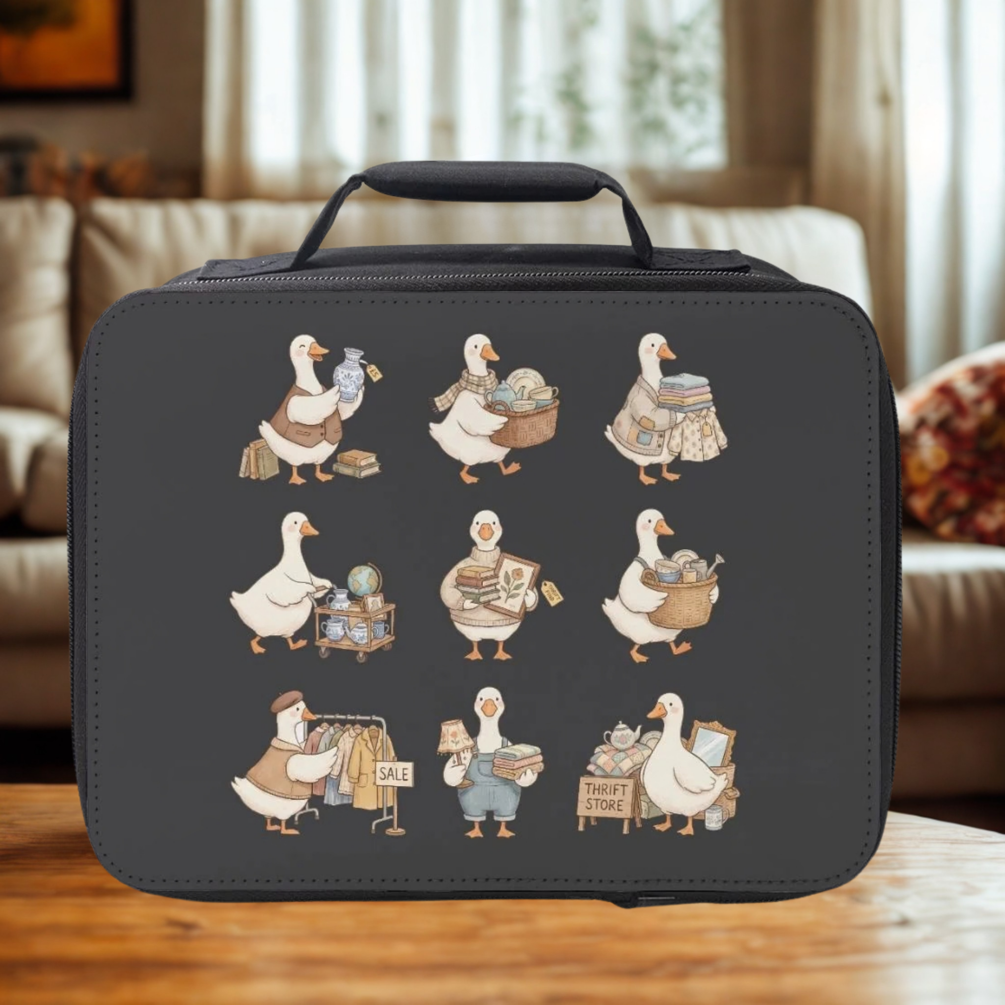 Black lunch bag with illustrated thrift shopping silly geese on a wooden coffee table in a cozy living room.