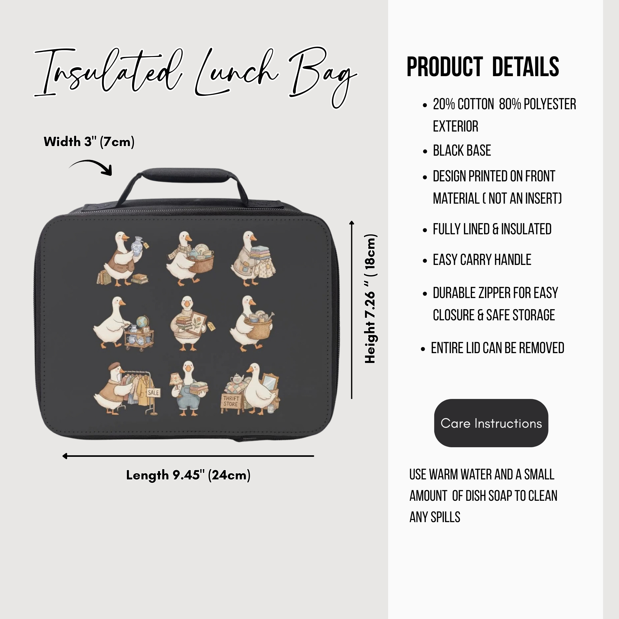 Insulated lunch bag with thrift shopping geese design and product details on a light gray background