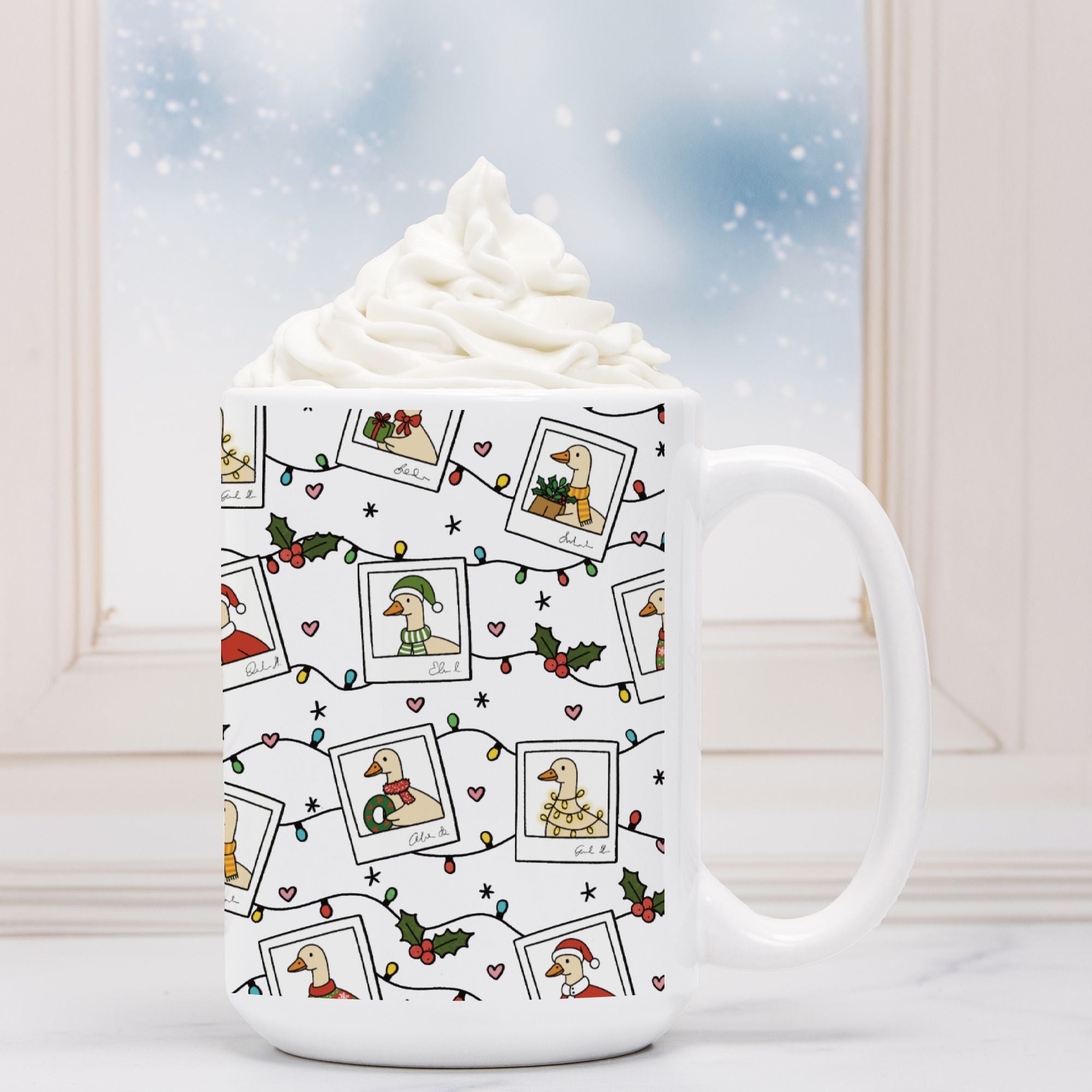 White mug with festive design featuring geese, lights, and holly against a snowy window background.