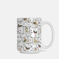Mug with Christmas-themed design featuring ducks, lights, and holly on a white background