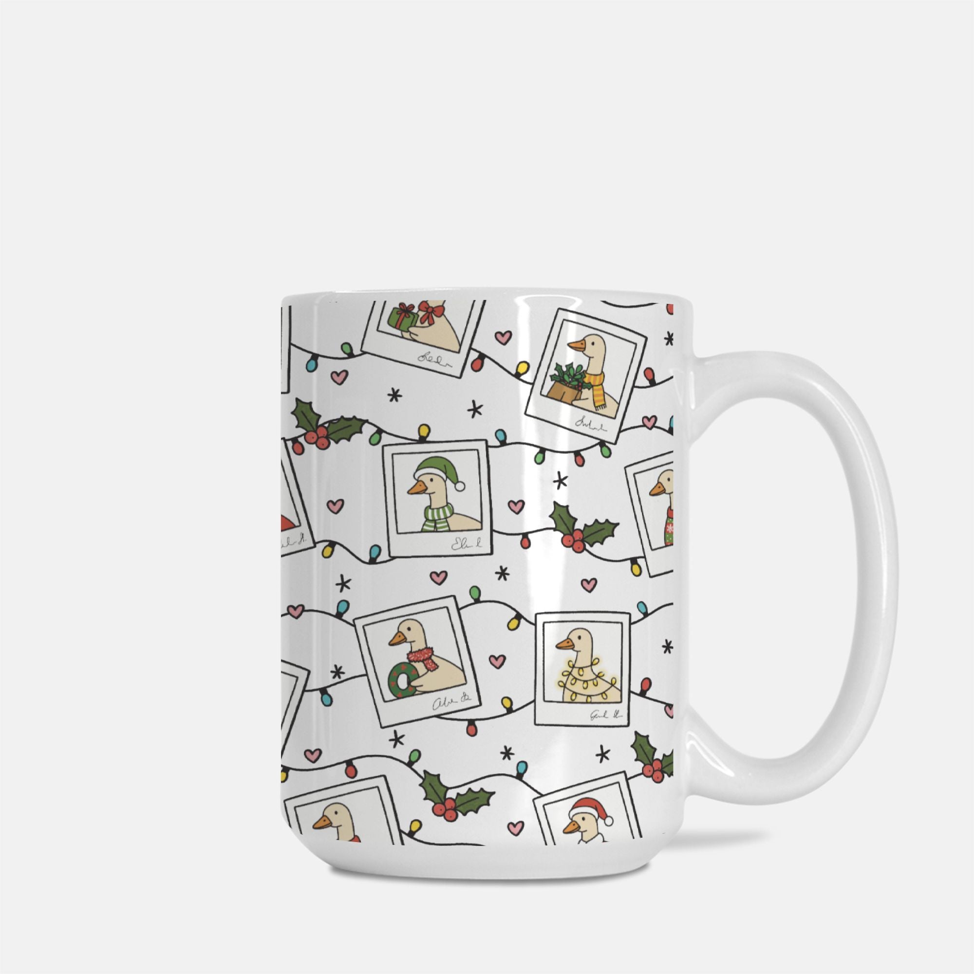 Mug with Christmas-themed design featuring ducks, lights, and holly on a white background