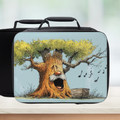 Black lunch bag with a tree design featuring a face and musical notes on a light blue background.