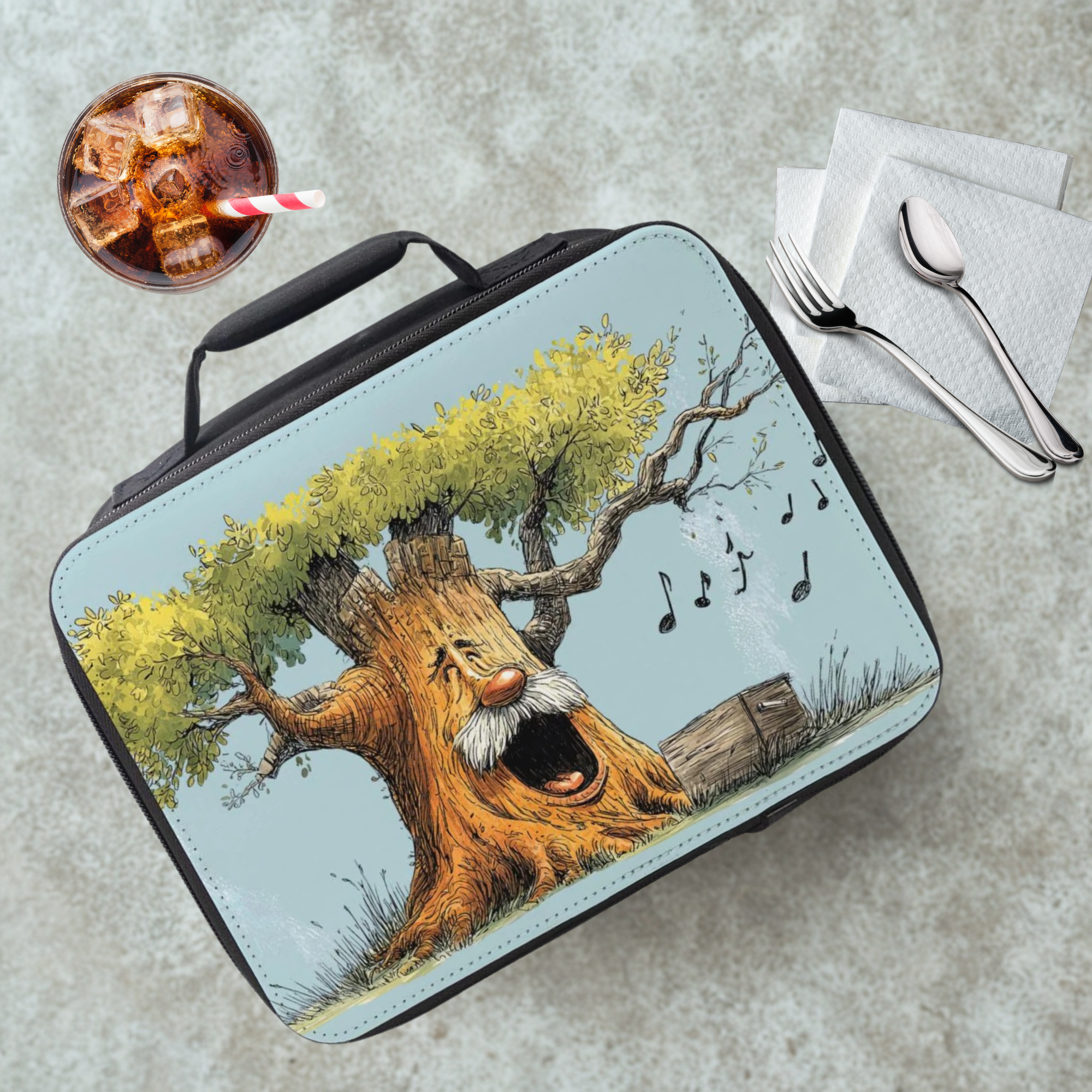 Lunch bag with a tree design featuring a face and music notes on a cafeteria table with a drink and utensils.