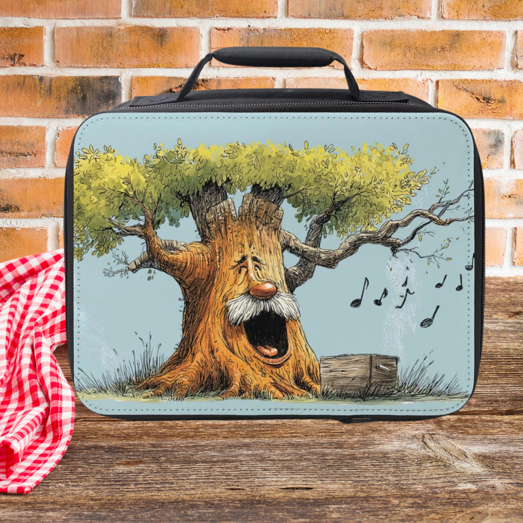 Lunch bag with a tree design on a wooden picnic table against a brick wall background