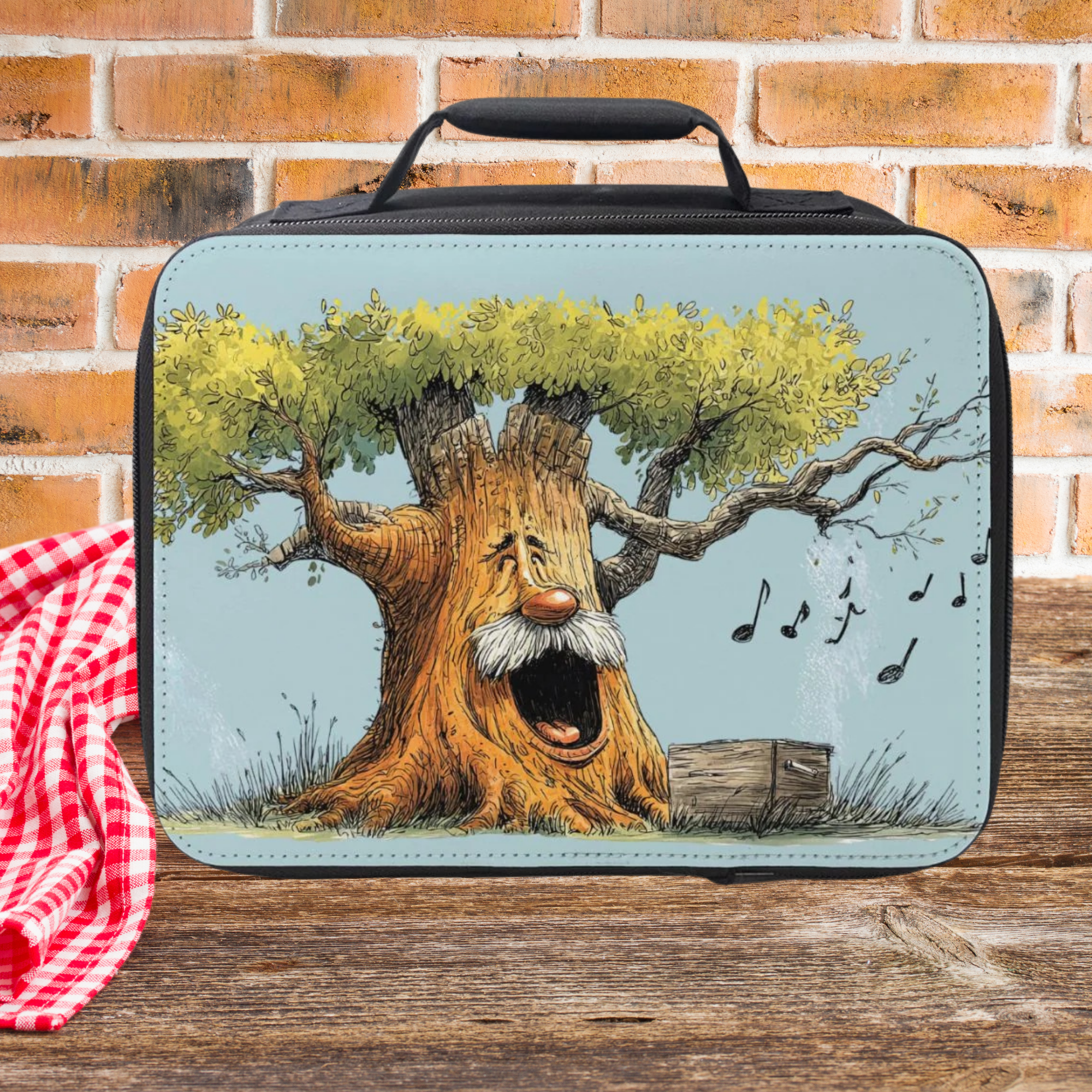 Lunch bag with a tree design on a wooden picnic table against a brick wall background