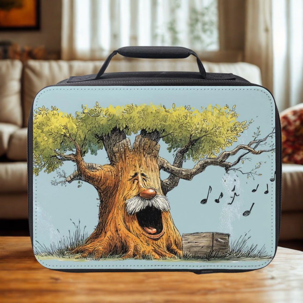 Lunch bag with a tree design on a wooden table in a living room