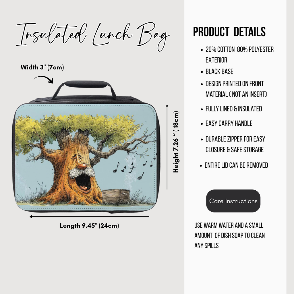 Insulated lunch bag with tree design and product details on a white background