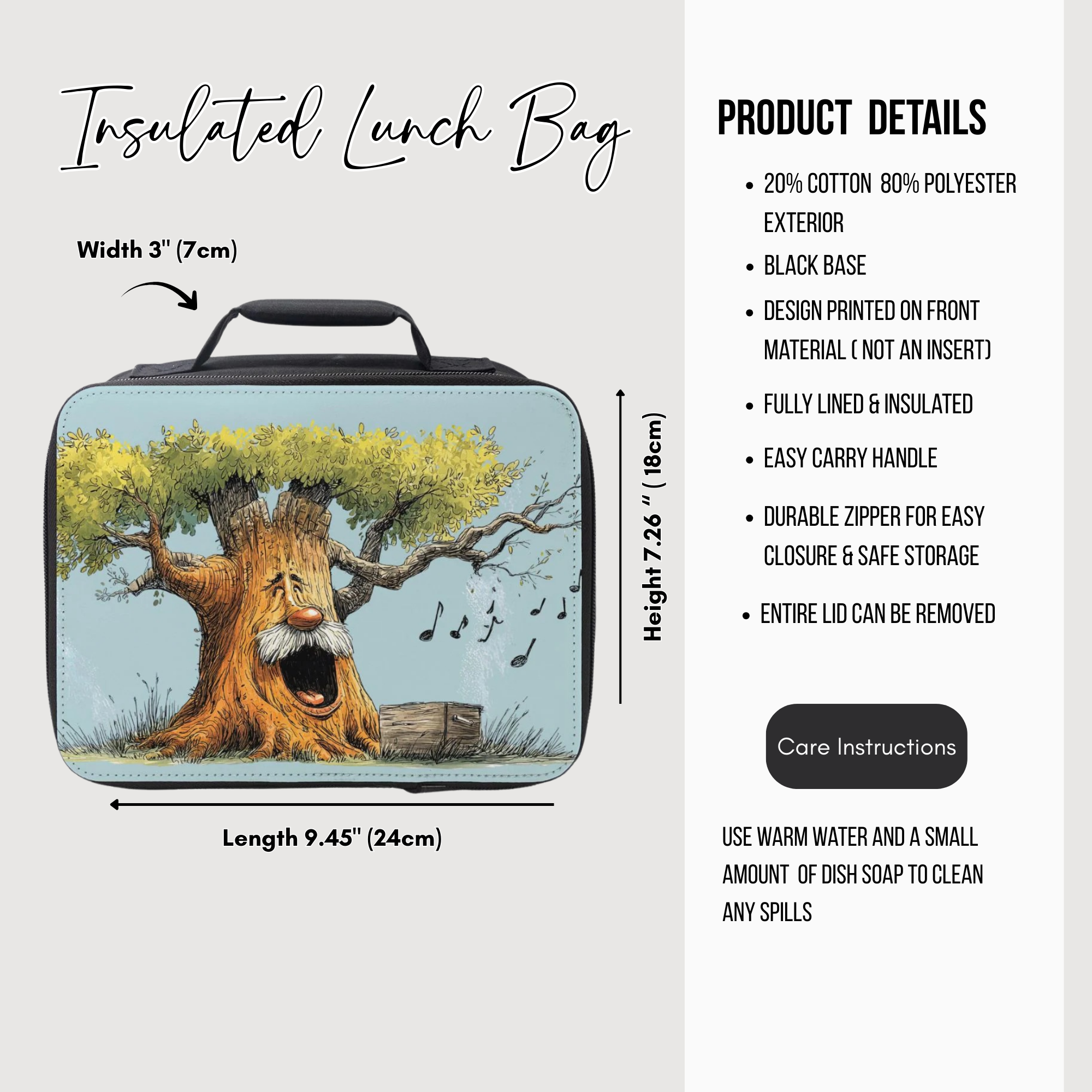 Insulated lunch bag with tree design and product details on a white background