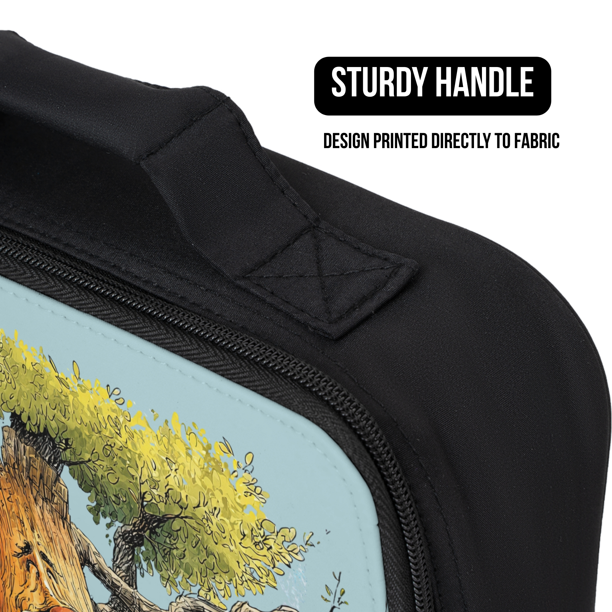 Black lunch bag with a design printed directly to fabric, featuring a sturdy handle.