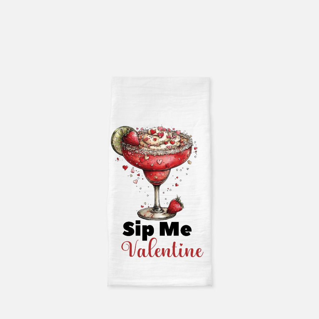 Tea towel with a red cocktail graphic and 'Sip Me Valentine' text on a white background