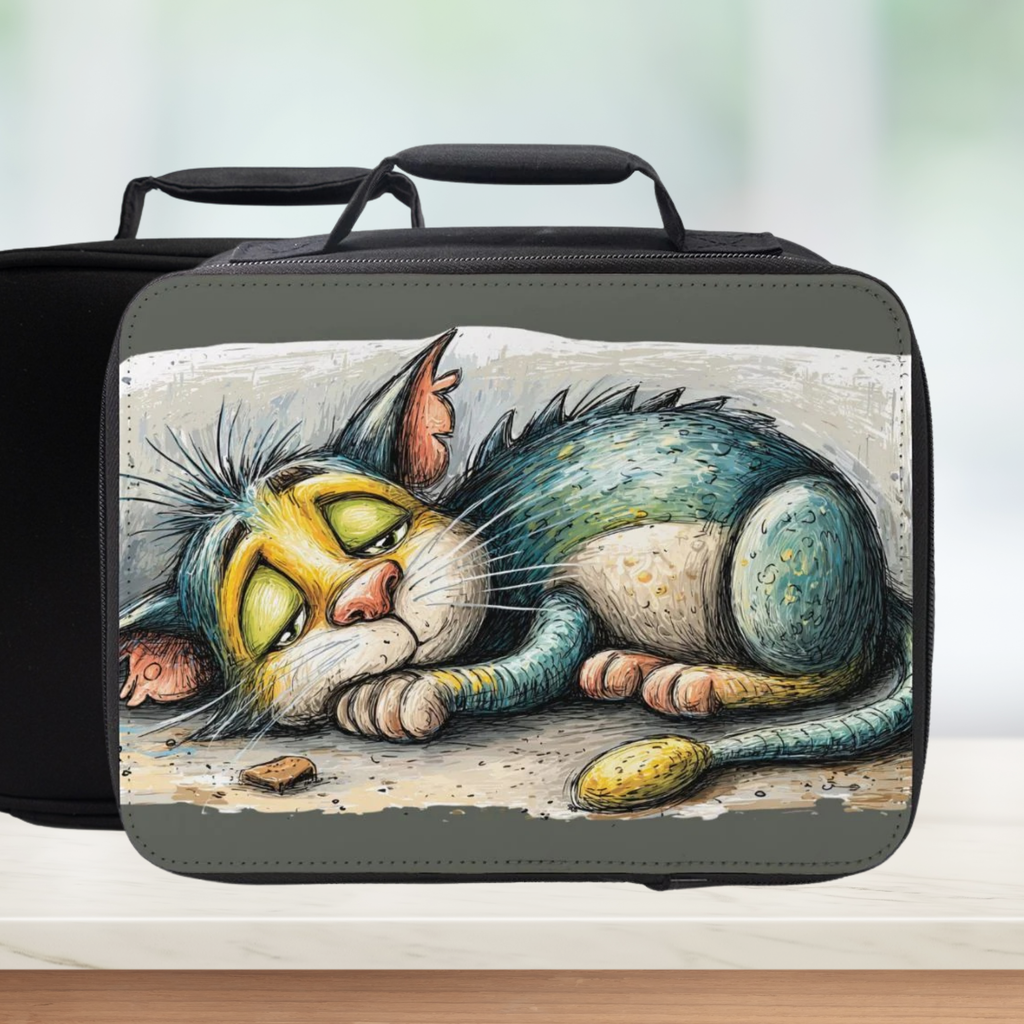 Lunch bag with a stylized cat illustration on a neutral background